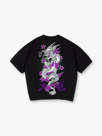 Dragon Purple Cherry Blossom Back Print T-Shirt Traditional Asian Dragon Kanji Graphic Short Sleeve Tee