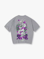 Dragon Purple Cherry Blossom Back Print T-Shirt Traditional Asian Dragon Kanji Graphic Short Sleeve Tee