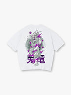 Dragon Purple Cherry Blossom Back Print T-Shirt Traditional Asian Dragon Kanji Graphic Short Sleeve Tee