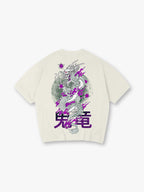 Dragon Purple Cherry Blossom Back Print T-Shirt Traditional Asian Dragon Kanji Graphic Short Sleeve Tee