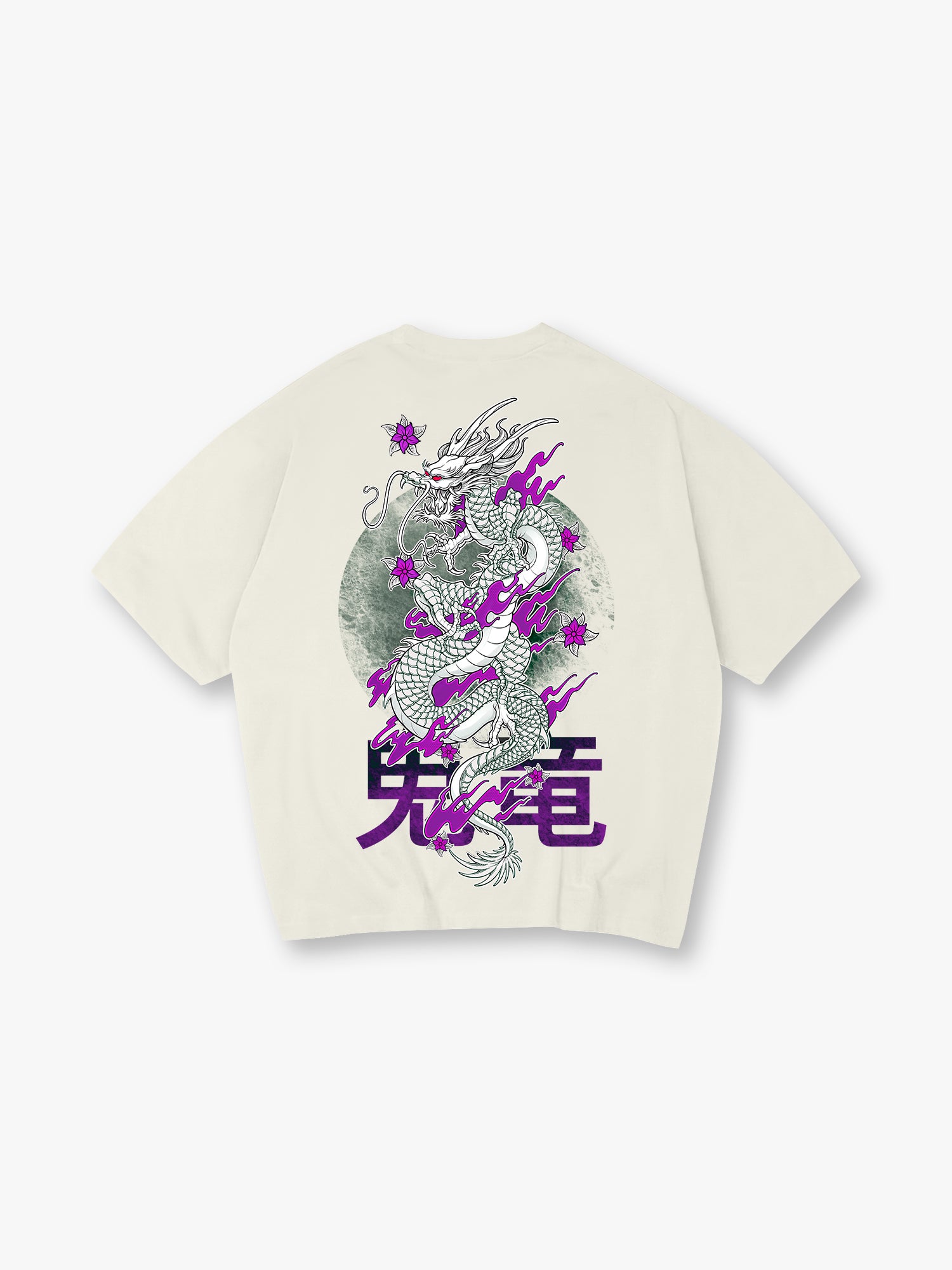 Dragon Purple Cherry Blossom Back Print T-Shirt Traditional Asian Dragon Kanji Graphic Short Sleeve Tee