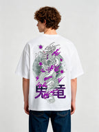 Dragon Purple Cherry Blossom Back Print T-Shirt Traditional Asian Dragon Kanji Graphic Short Sleeve Tee
