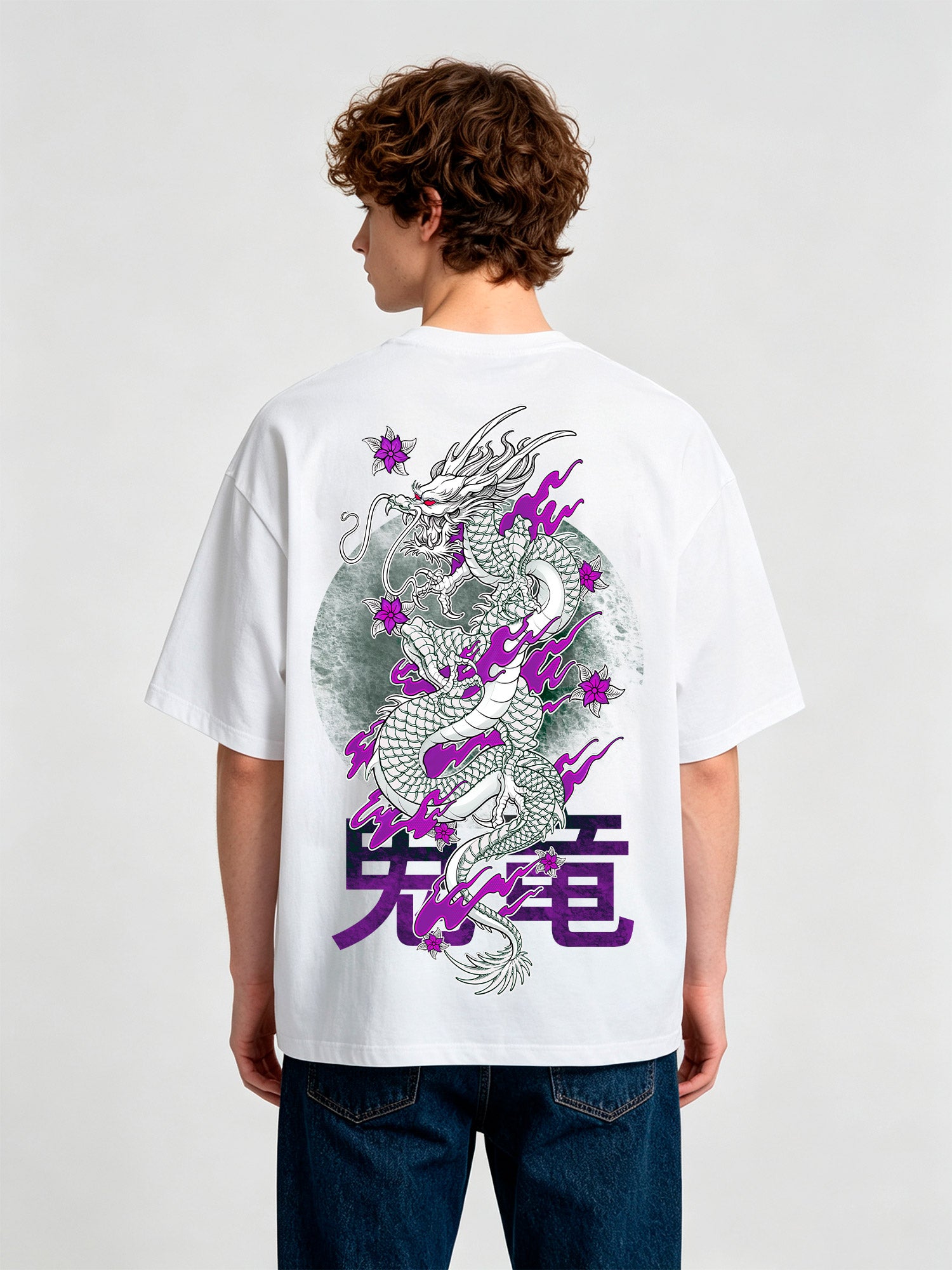 Dragon Purple Cherry Blossom Back Print T-Shirt Traditional Asian Dragon Kanji Graphic Short Sleeve Tee