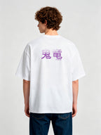 Japanese Oni Dragon Kanji Purple Gradient Back Print T-Shirt Minimal Japanese Text Graphic Short Sleeve Tee