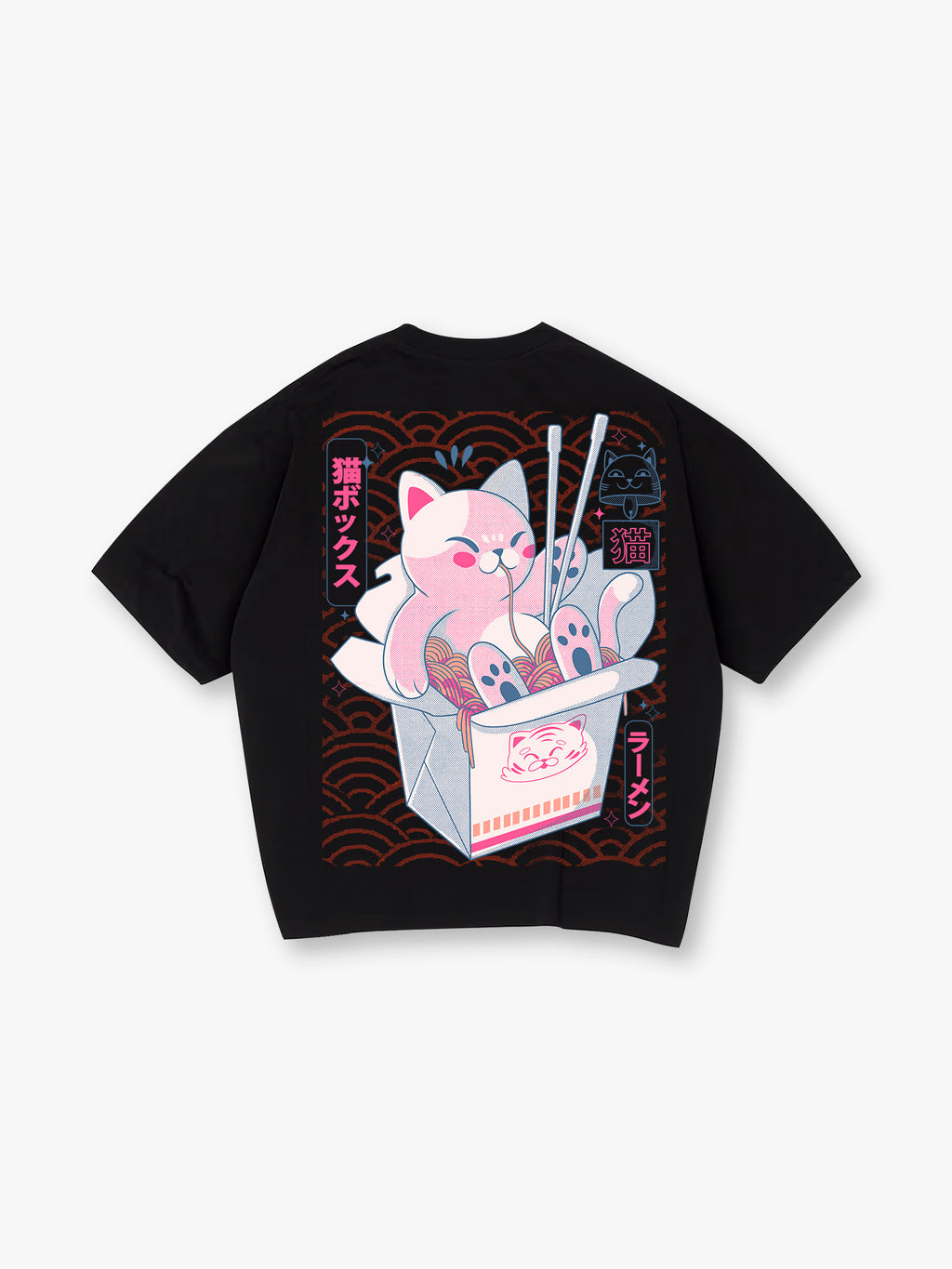 Cute Pink Ramen Cat Takeout Box Back Print T-Shirt Japanese Kawaii Noodle Kitten Graphic Short Sleeve Tee Anime Oriental Streetwear Cotton Top