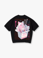 Cute Pink Ramen Cat Takeout Box Back Print T-Shirt Japanese Kawaii Noodle Kitten Graphic Short Sleeve Tee Anime Oriental Streetwear Cotton Top