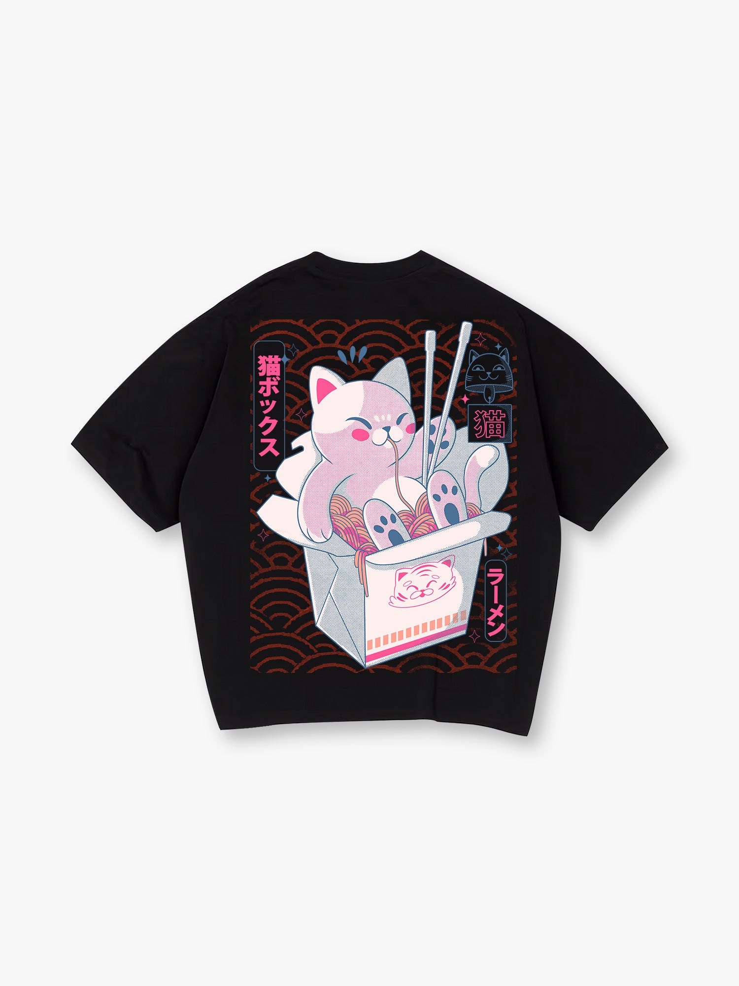 Cute Pink Ramen Cat Takeout Box Back Print T-Shirt Japanese Kawaii Noodle Kitten Graphic Short Sleeve Tee Anime Oriental Streetwear Cotton Top