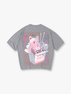 Cute Pink Ramen Cat Takeout Box Back Print T-Shirt Japanese Kawaii Noodle Kitten Graphic Short Sleeve Tee Anime Oriental Streetwear Cotton Top