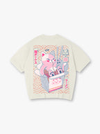 Cute Pink Ramen Cat Takeout Box Back Print T-Shirt Japanese Kawaii Noodle Kitten Graphic Short Sleeve Tee Anime Oriental Streetwear Cotton Top