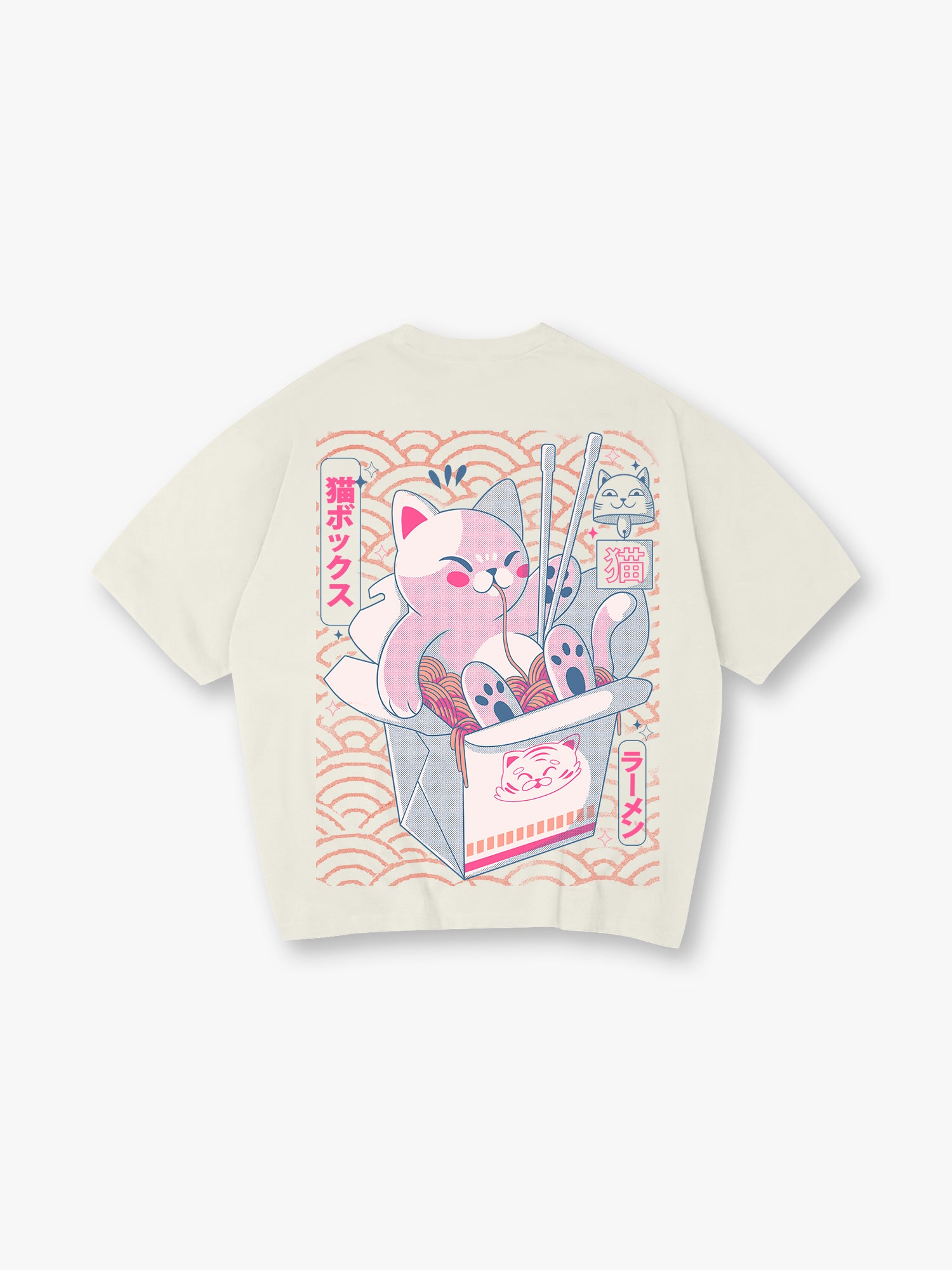Cute Pink Ramen Cat Takeout Box Back Print T-Shirt Japanese Kawaii Noodle Kitten Graphic Short Sleeve Tee Anime Oriental Streetwear Cotton Top