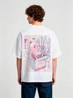 Cute Pink Ramen Cat Takeout Box Back Print T-Shirt Japanese Kawaii Noodle Kitten Graphic Short Sleeve Tee Anime Oriental Streetwear Cotton Top