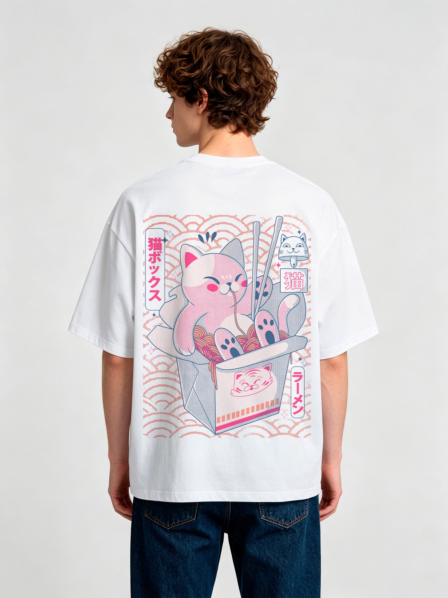 Cute Pink Ramen Cat Takeout Box Back Print T-Shirt Japanese Kawaii Noodle Kitten Graphic Short Sleeve Tee Anime Oriental Streetwear Cotton Top