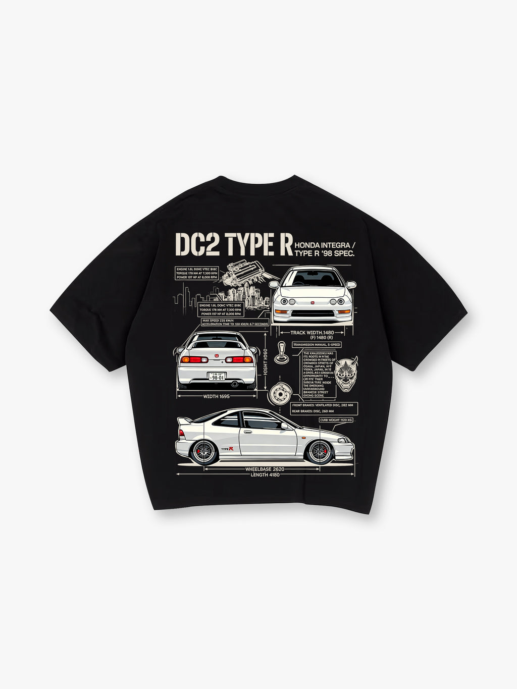 DC2 Type R Blueprint Spec Back Print T-Shirt 90s JDM Sports Car Diagram Graphic Short Sleeve Tee