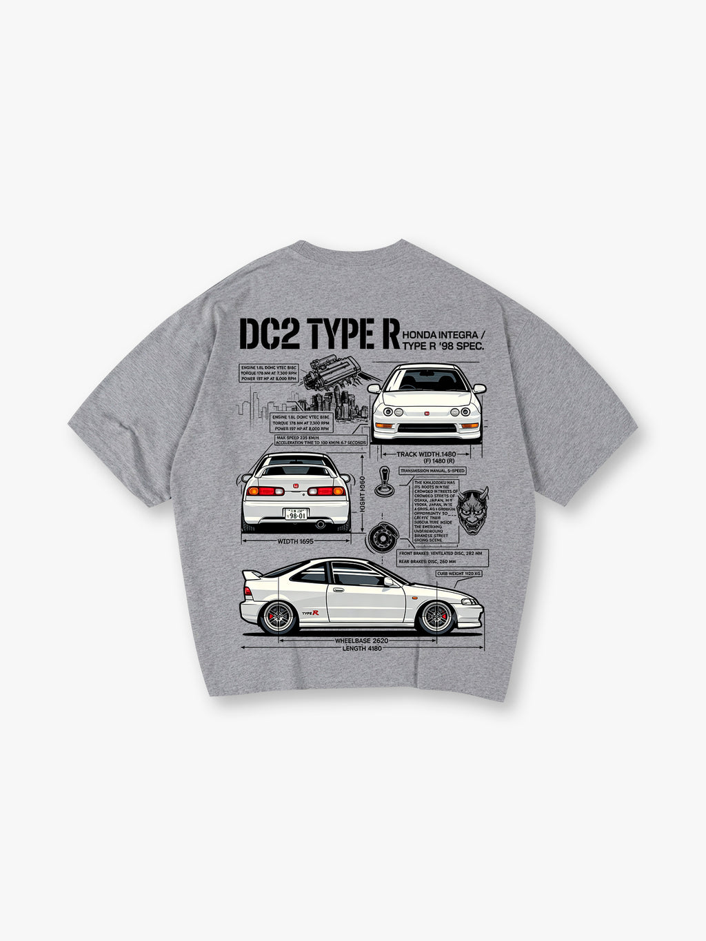 DC2 Type R Blueprint Spec Back Print T-Shirt 90s JDM Sports Car Diagram Graphic Short Sleeve Tee