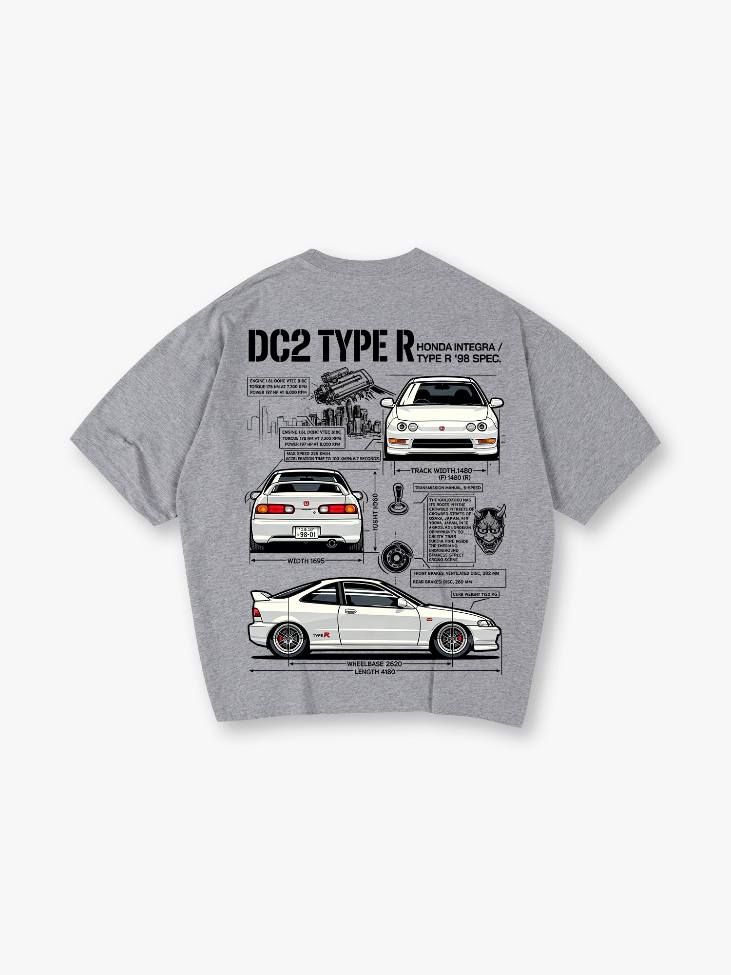 DC2 Type R Blueprint Spec Back Print T-Shirt 90s JDM Sports Car Diagram Graphic Short Sleeve Tee