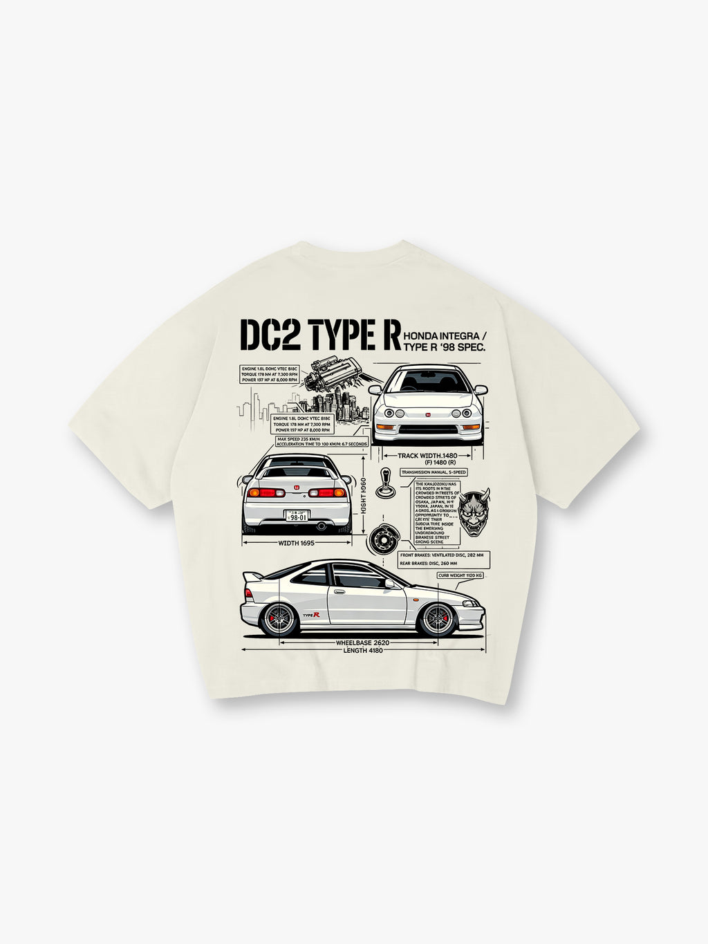 DC2 Type R Blueprint Spec Back Print T-Shirt 90s JDM Sports Car Diagram Graphic Short Sleeve Tee
