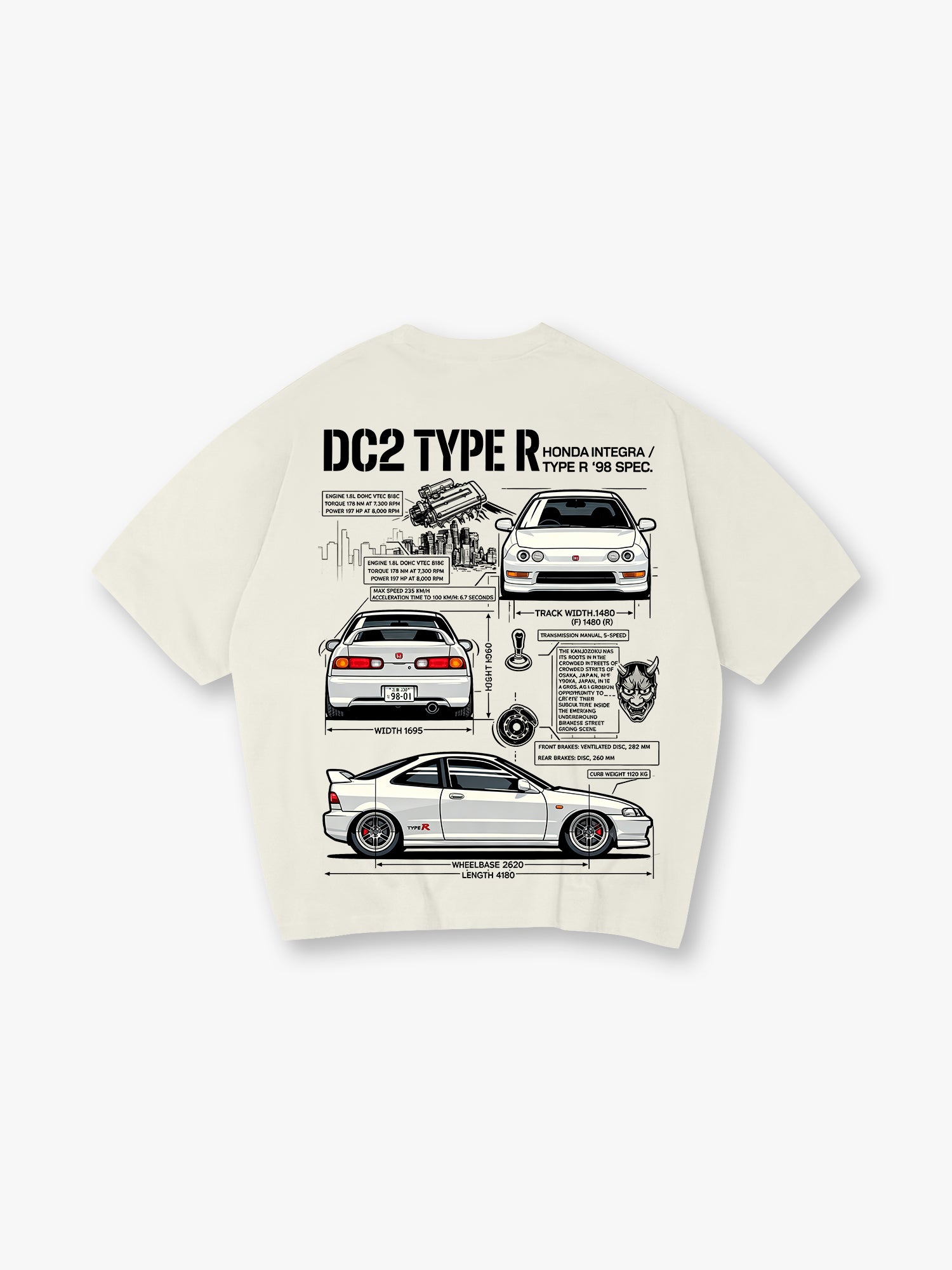 DC2 Type R Blueprint Spec Back Print T-Shirt 90s JDM Sports Car Diagram Graphic Short Sleeve Tee