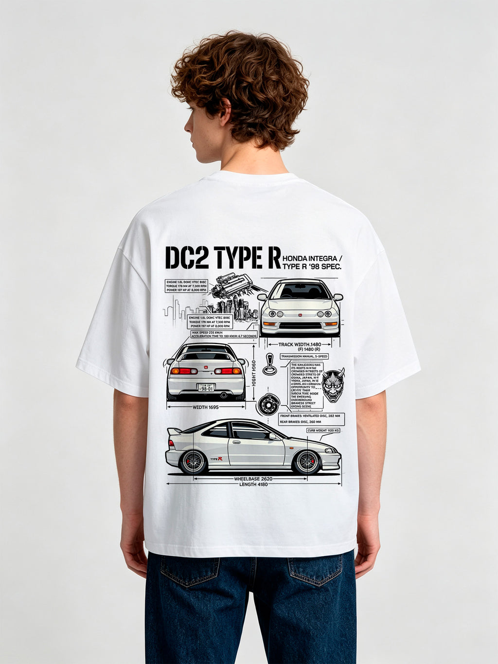 DC2 Type R Blueprint Spec Back Print T-Shirt 90s JDM Sports Car Diagram Graphic Short Sleeve Tee