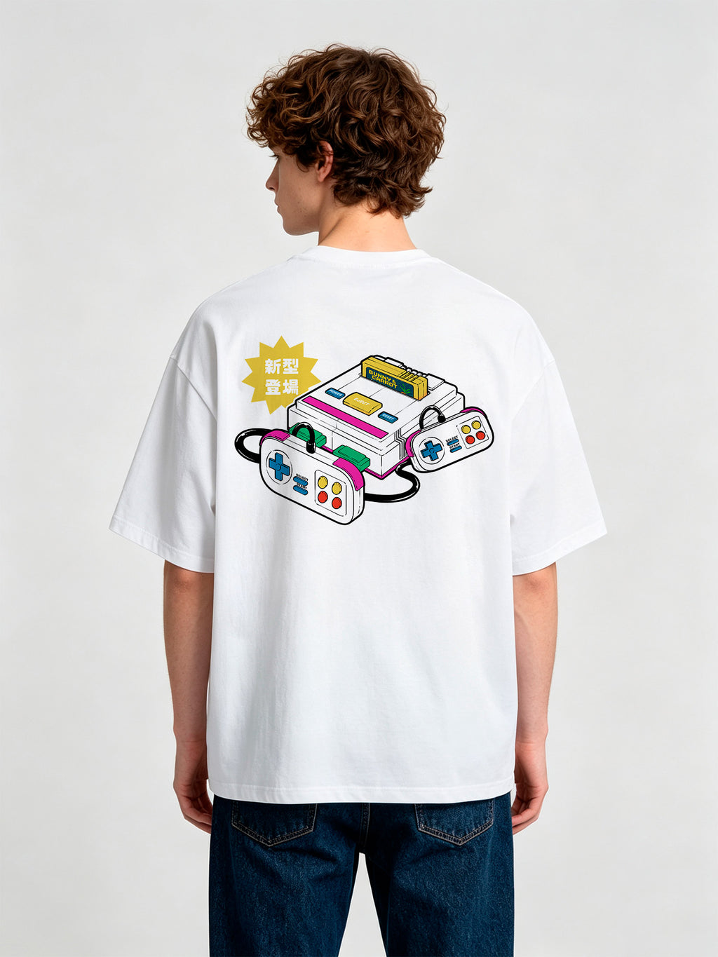 Vintage Retro 80s Game Console Japanese Text Back Print T-Shirt Classic Nostalgic Video Game Controller Graphic Short Sleeve Tee