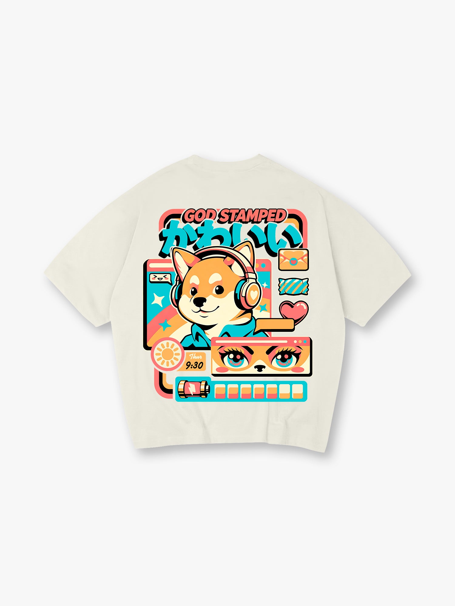 Kawaii Shiba Inu Headphones Retro UI Back Print T-Shirt Cute Japanese Anime Dog Graphic Short Sleeve Tee