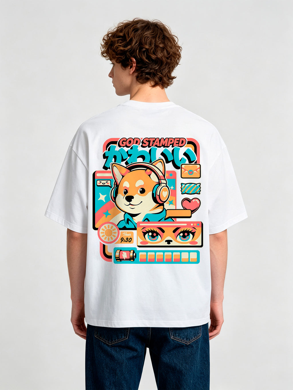 Kawaii Shiba Inu Headphones Retro UI Back Print T-Shirt Cute Japanese Anime Dog Graphic Short Sleeve Tee