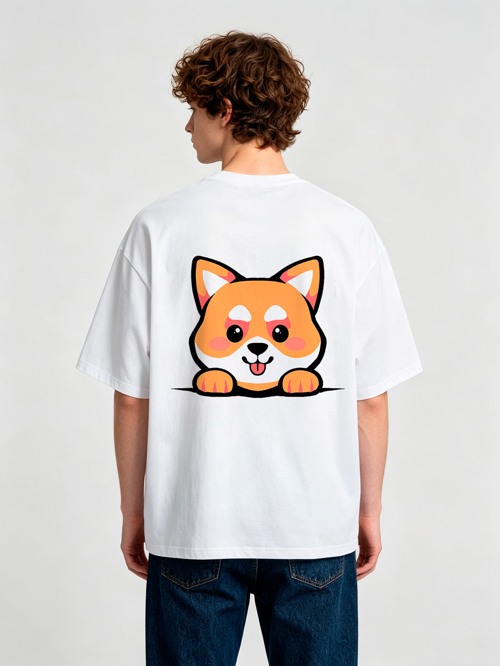 Cute Peeking Kawaii Shiba Inu Dog Back Print T-Shirt Minimal Japanese Cartoon Puppy Graphic Short Sleeve Tee
