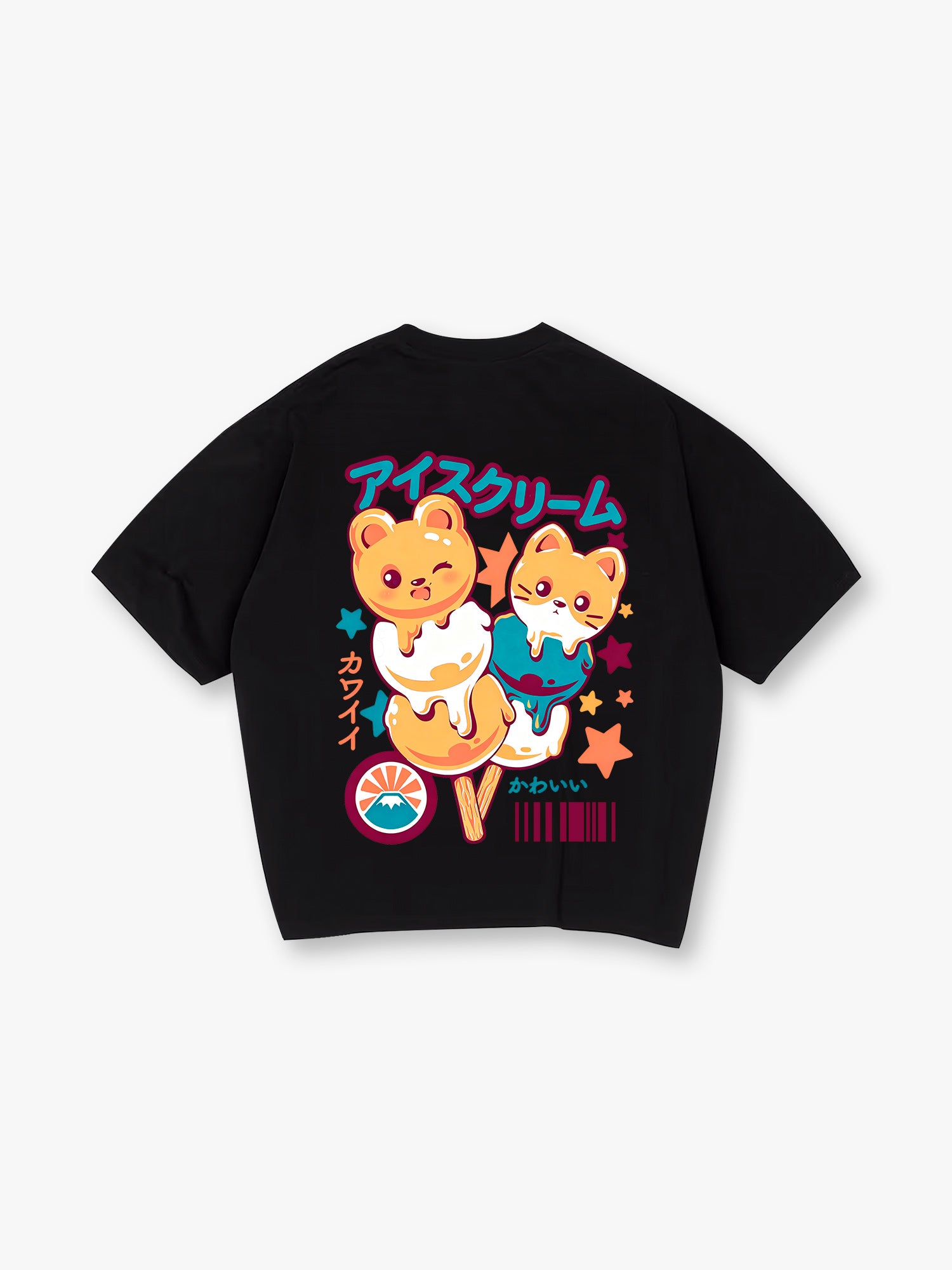 Kawaii Bear Cat Ice Cream Popsicle Japanese Text Back Print T-Shirt Cute Pastel Anime Animal Graphic Short Sleeve Tee