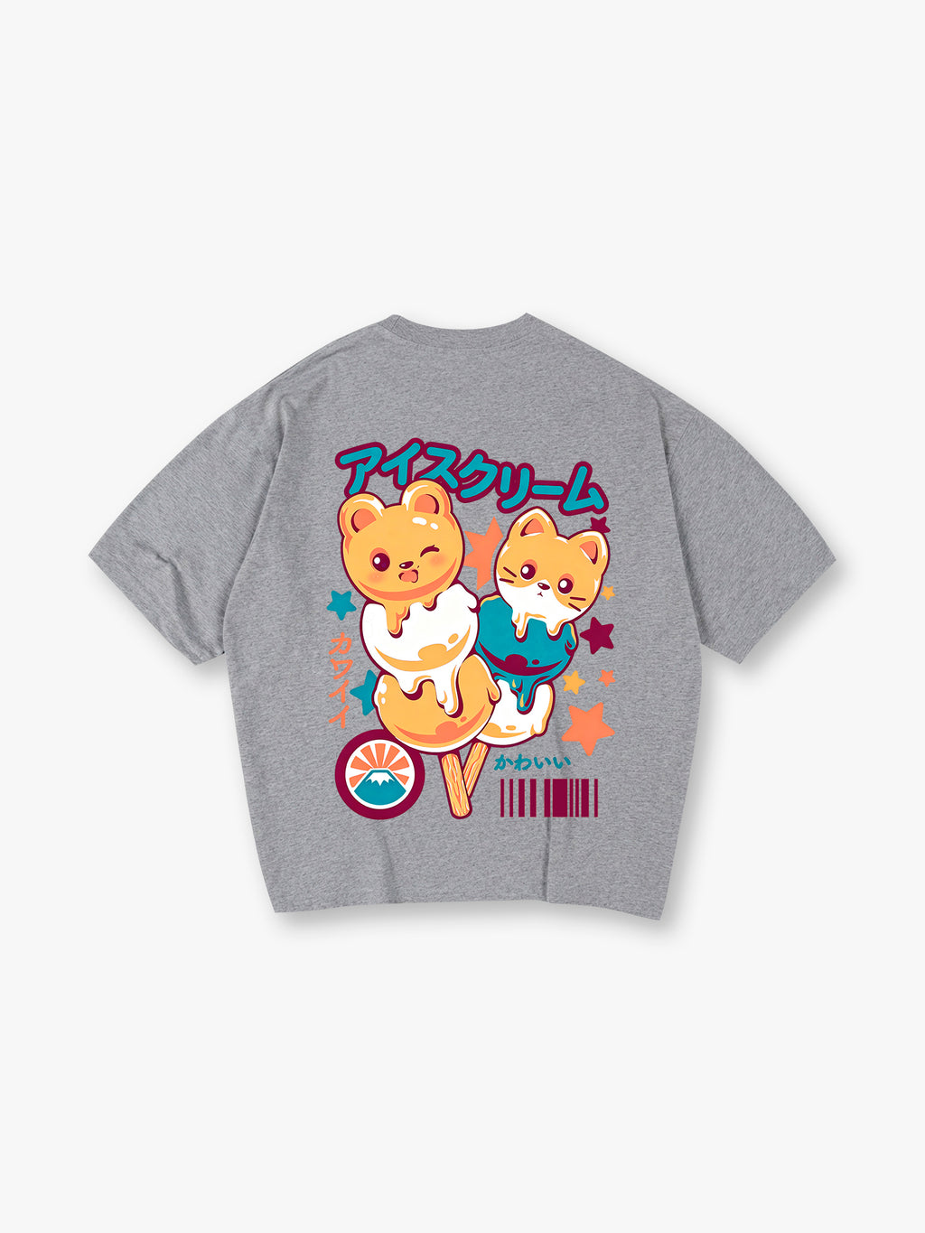 Kawaii Bear Cat Ice Cream Popsicle Japanese Text Back Print T-Shirt Cute Pastel Anime Animal Graphic Short Sleeve Tee
