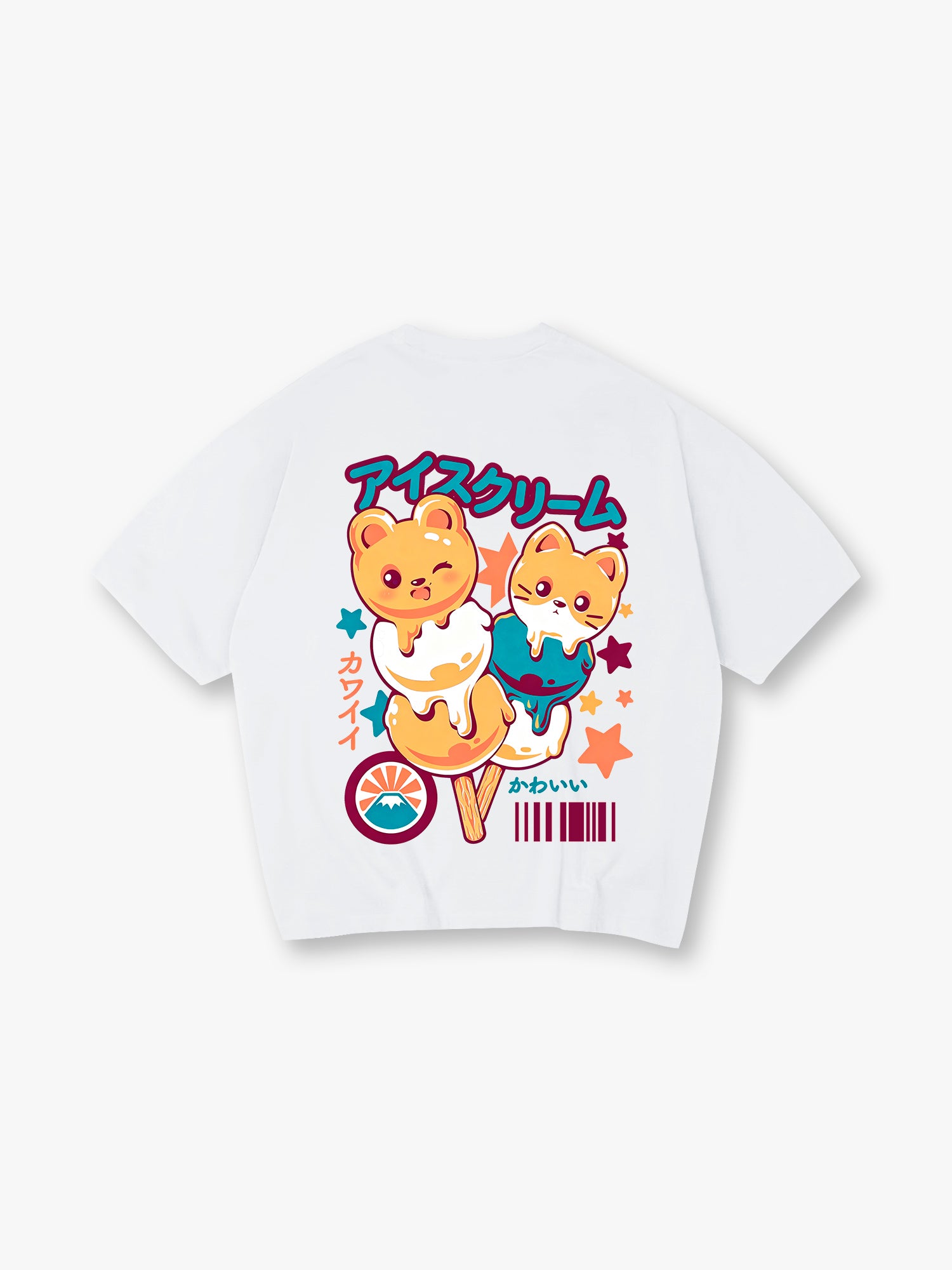 Kawaii Bear Cat Ice Cream Popsicle Japanese Text Back Print T-Shirt Cute Pastel Anime Animal Graphic Short Sleeve Tee
