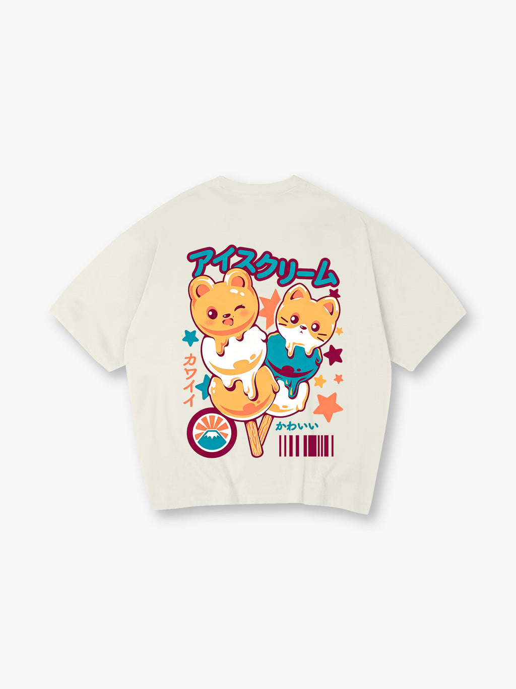 Kawaii Bear Cat Ice Cream Popsicle Japanese Text Back Print T-Shirt Cute Pastel Anime Animal Graphic Short Sleeve Tee