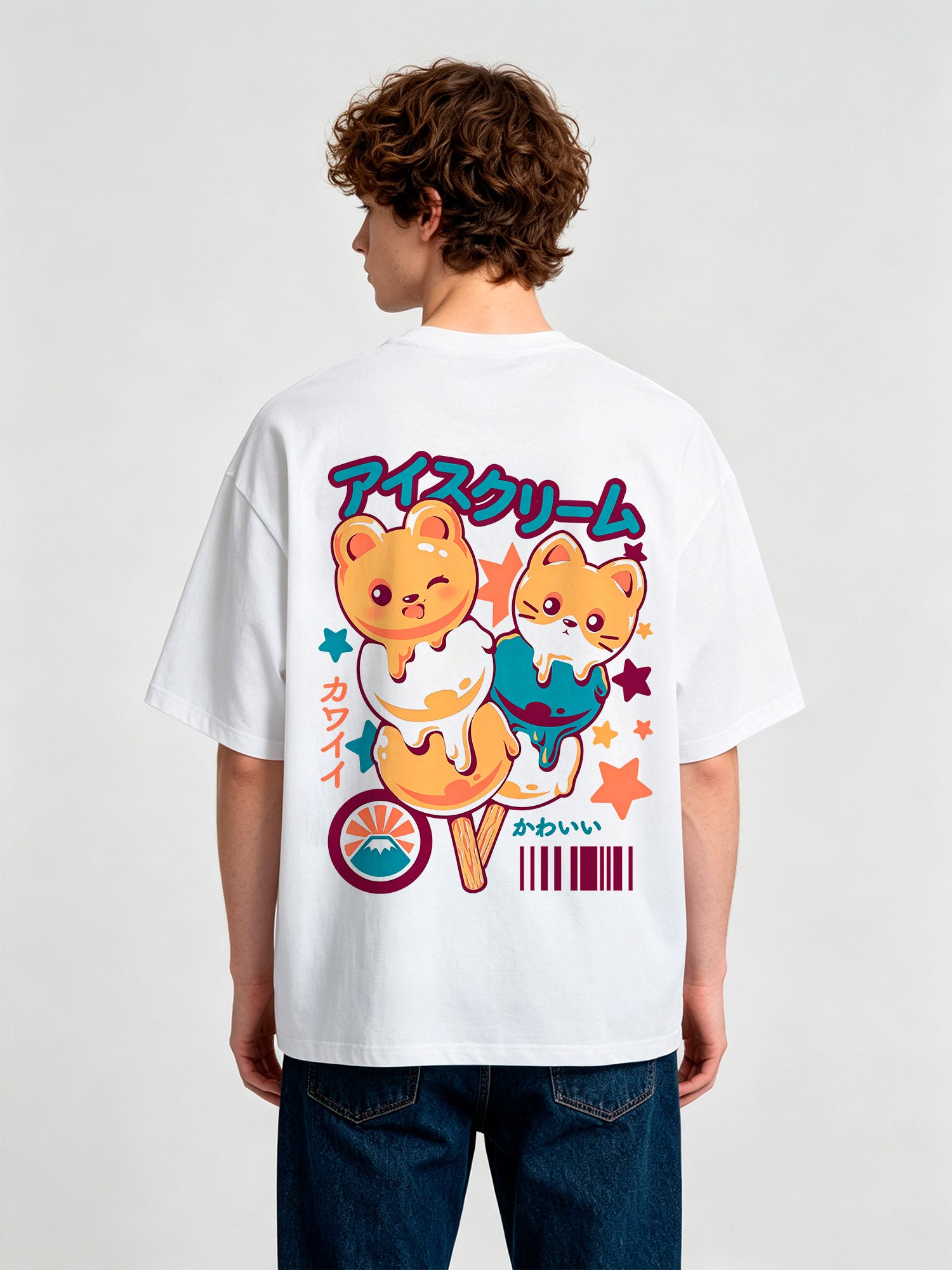 Kawaii Bear Cat Ice Cream Popsicle Japanese Text Back Print T-Shirt Cute Pastel Anime Animal Graphic Short Sleeve Tee