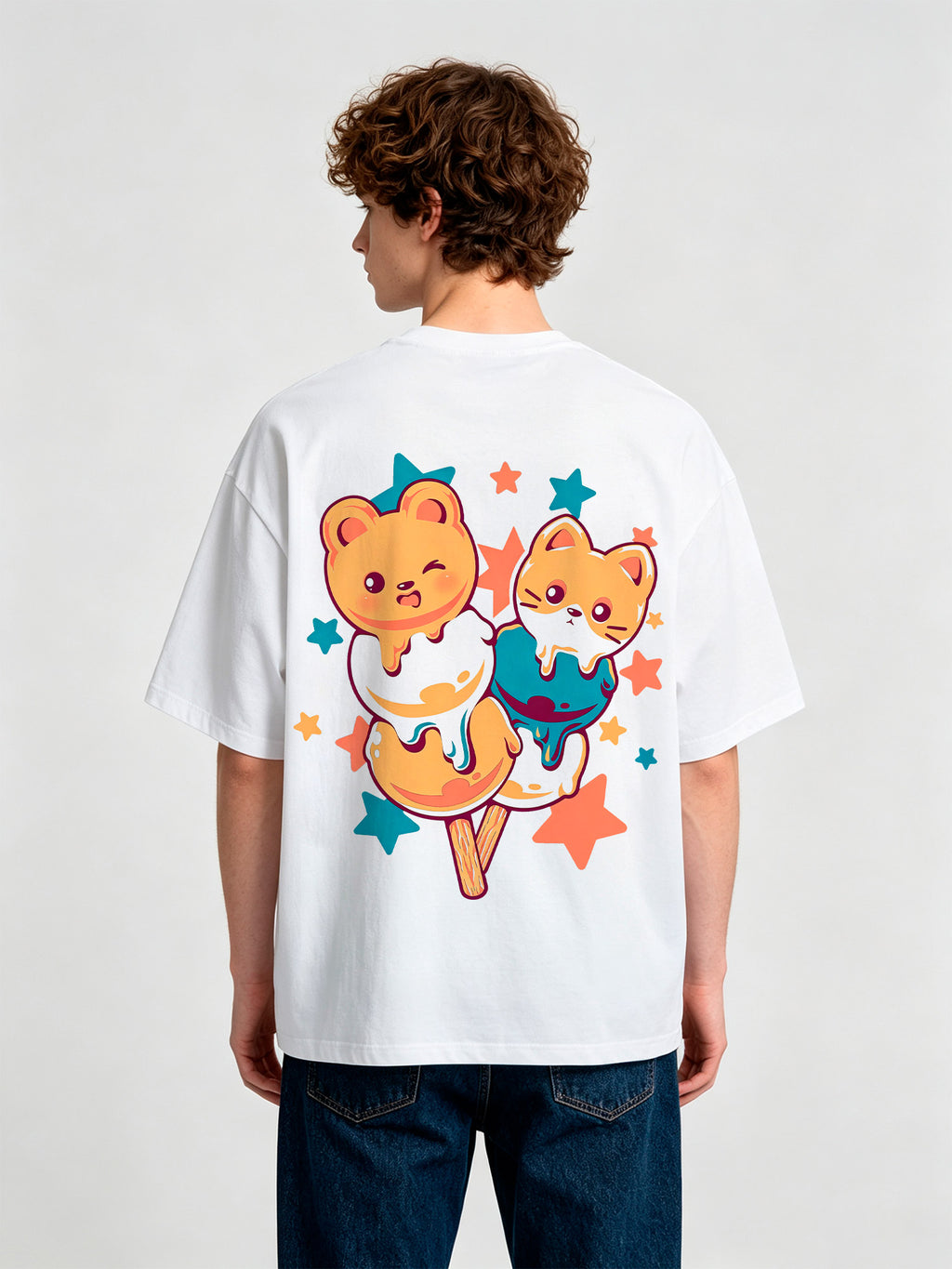 Kawaii Bear Cat Ice Cream Popsicle Star Back Print T-Shirt Cute Pastel Cartoon Animal Graphic Short Sleeve Tee