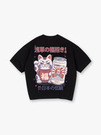 Vintage Japanese Maneki Neko Beer Can Kanji Back Print Cotton T-Shirt