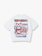 Vintage Japanese Maneki Neko Beer Can Kanji Back Print Cotton T-Shirt
