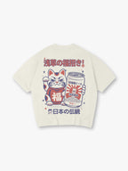Vintage Japanese Maneki Neko Beer Can Kanji Back Print Cotton T-Shirt