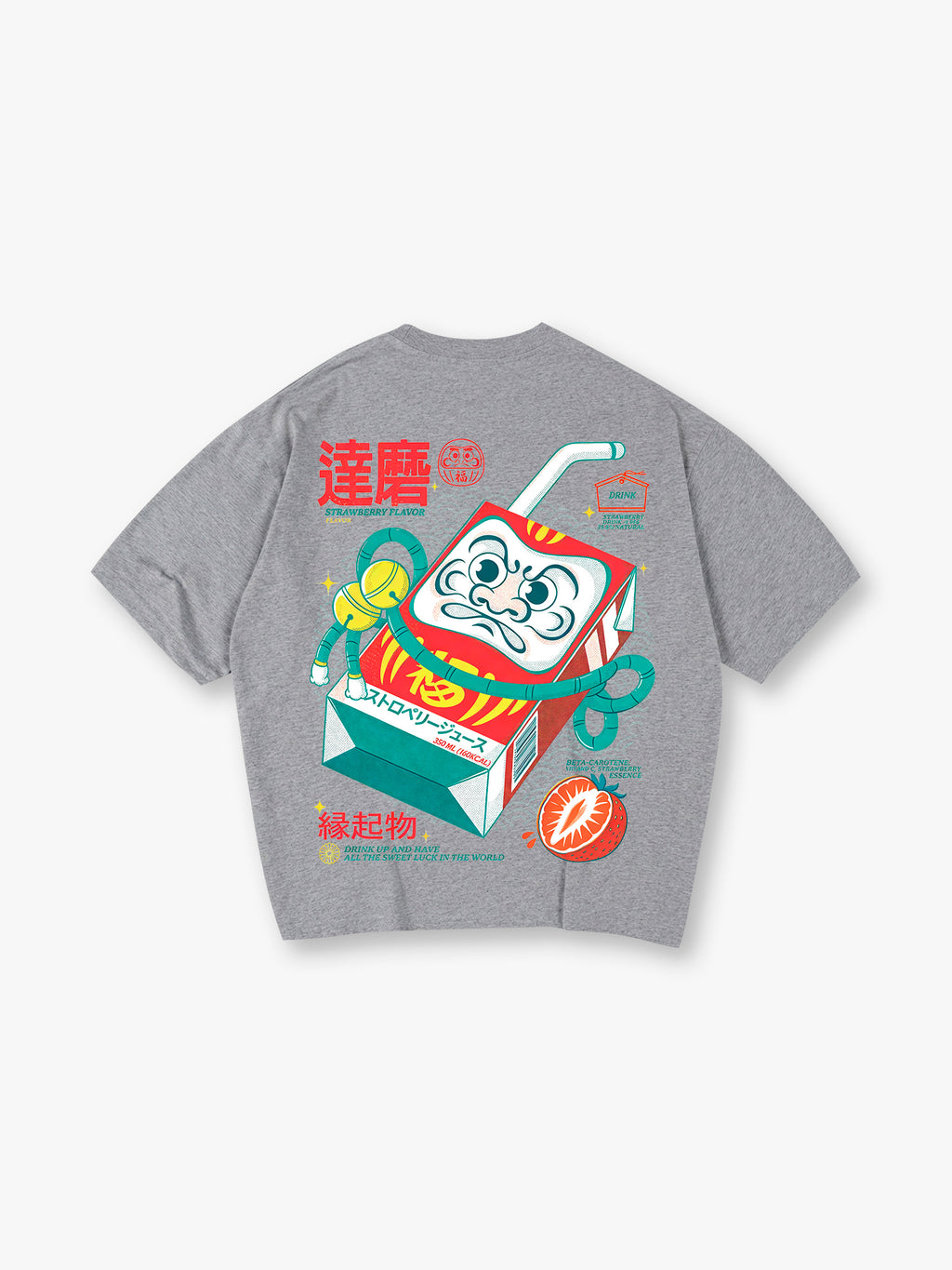 Vintage Japanese Daruma Strawberry Milk Carton Kanji Back Print Cotton T-Shirt