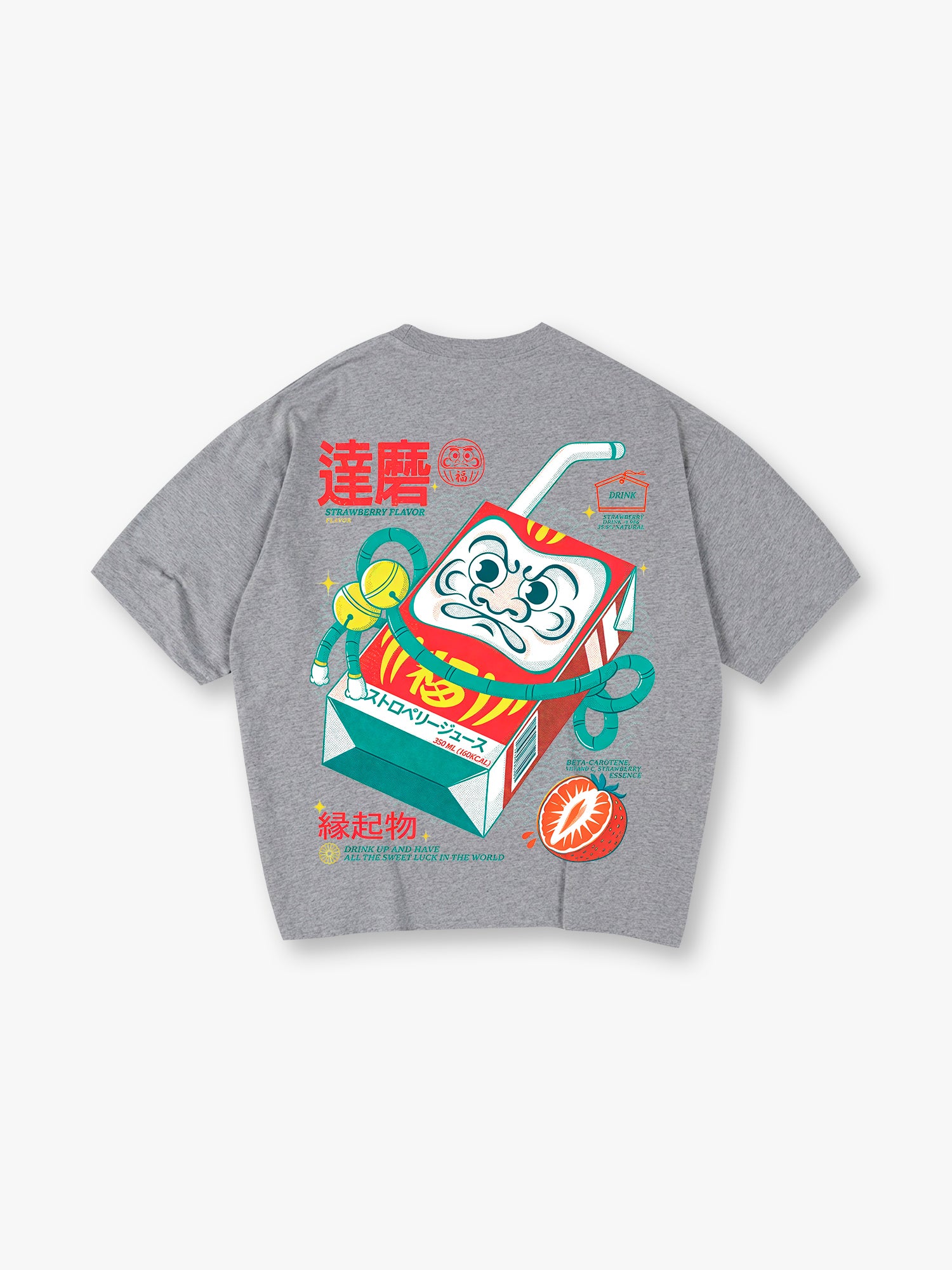 Vintage Japanese Daruma Strawberry Milk Carton Kanji Back Print Cotton T-Shirt