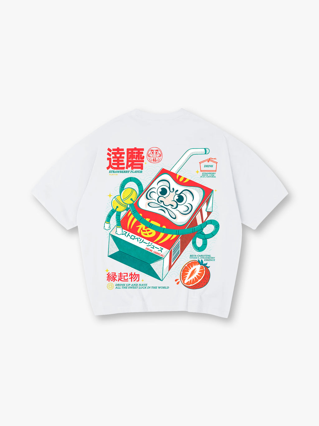 Vintage Japanese Daruma Strawberry Milk Carton Kanji Back Print Cotton T-Shirt