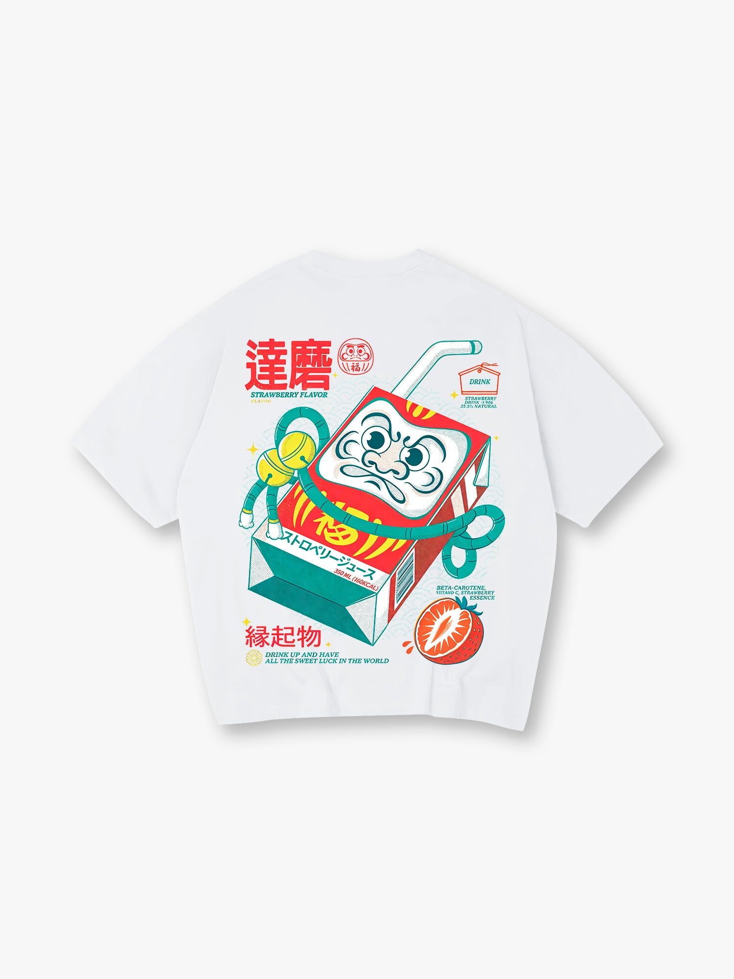 Vintage Japanese Daruma Strawberry Milk Carton Kanji Back Print Cotton T-Shirt