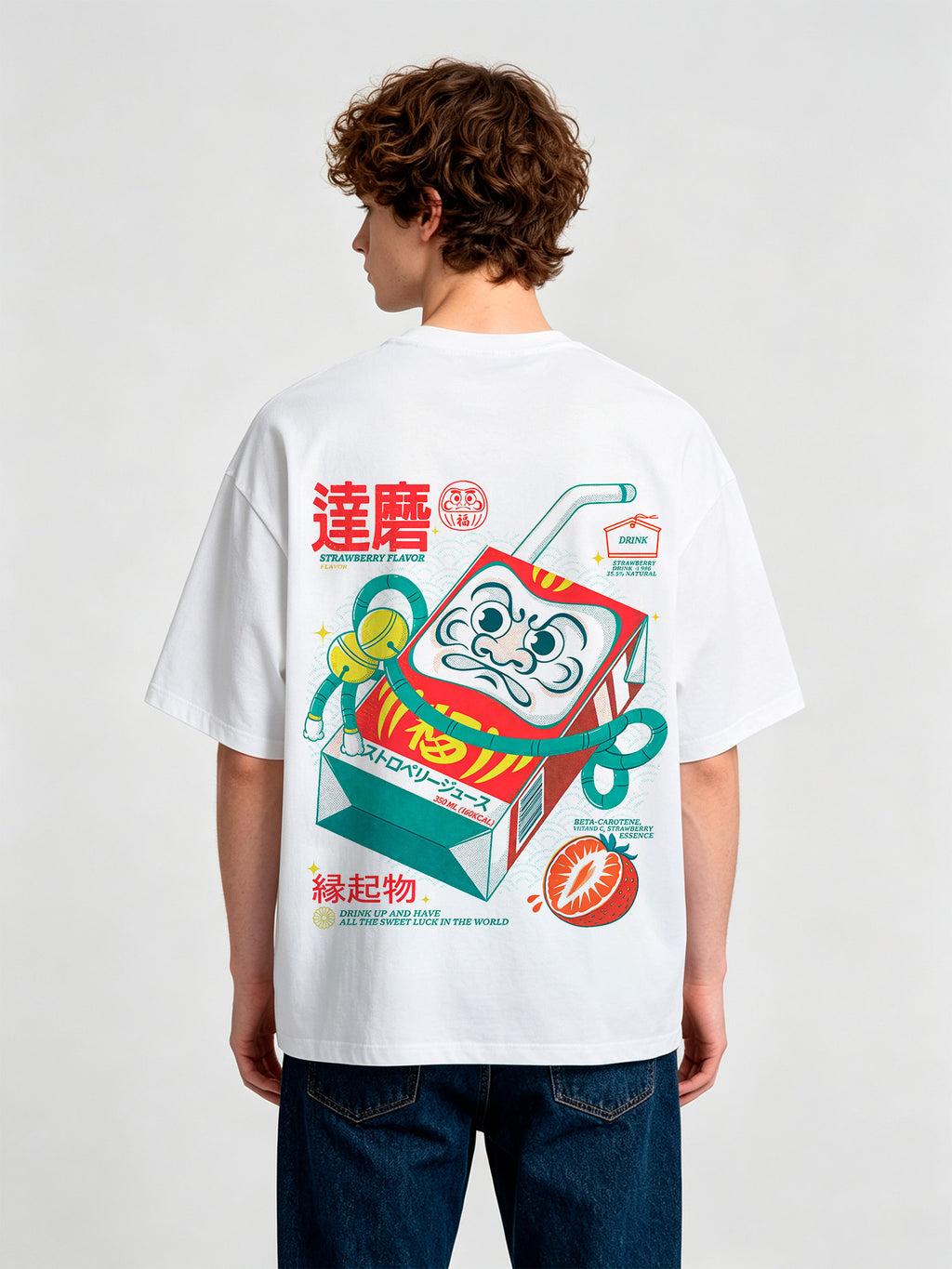 Vintage Japanese Daruma Strawberry Milk Carton Kanji Back Print Cotton T-Shirt