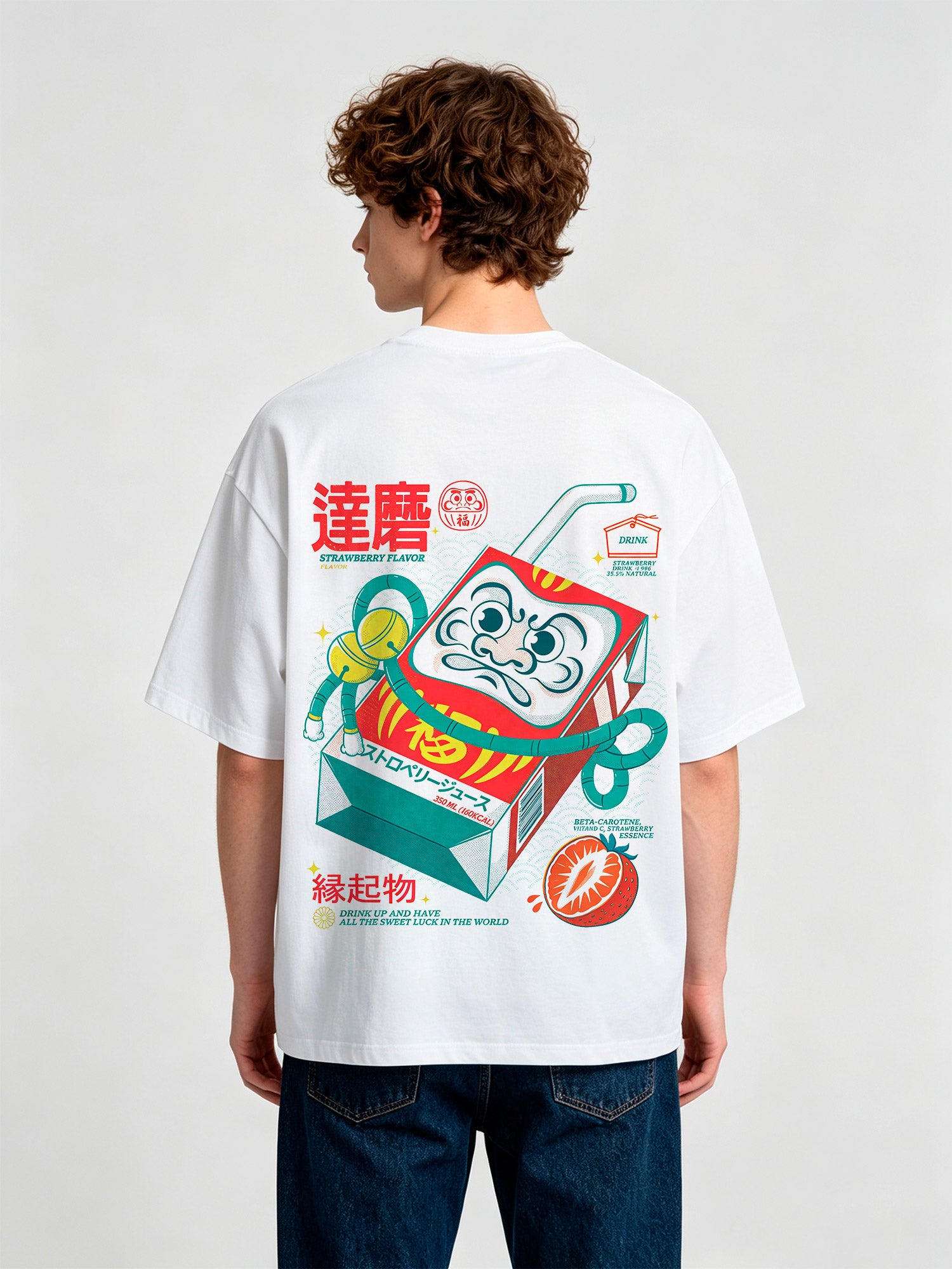 Vintage Japanese Daruma Strawberry Milk Carton Kanji Back Print Cotton T-Shirt