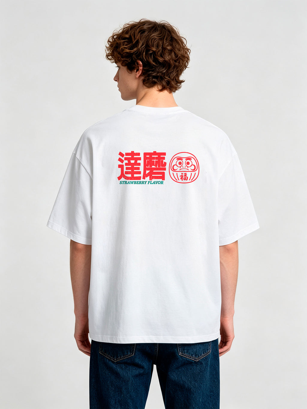 Vintage Japanese Daruma Strawberry Flavor Kanji Back Print Cotton T-Shirt