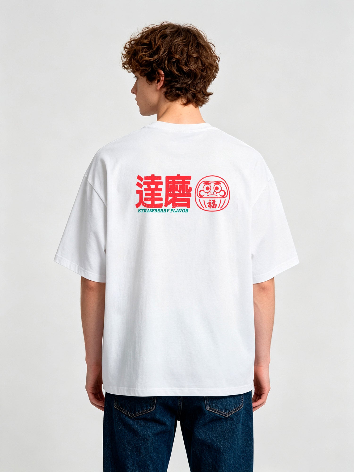 Vintage Japanese Daruma Strawberry Flavor Kanji Back Print Cotton T-Shirt