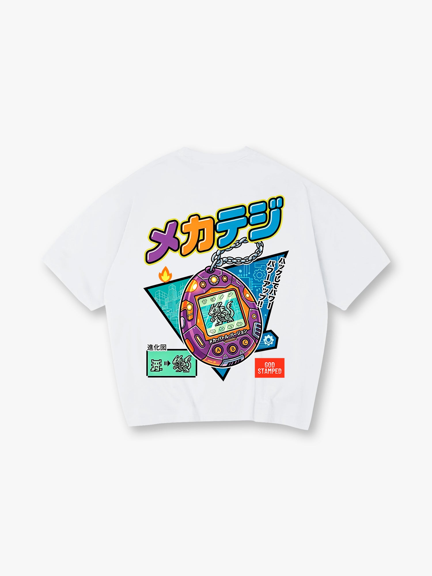 Retro Mecha Tamagotchi Dinosaur Japanese Text Back Print Cotton T-Shirt