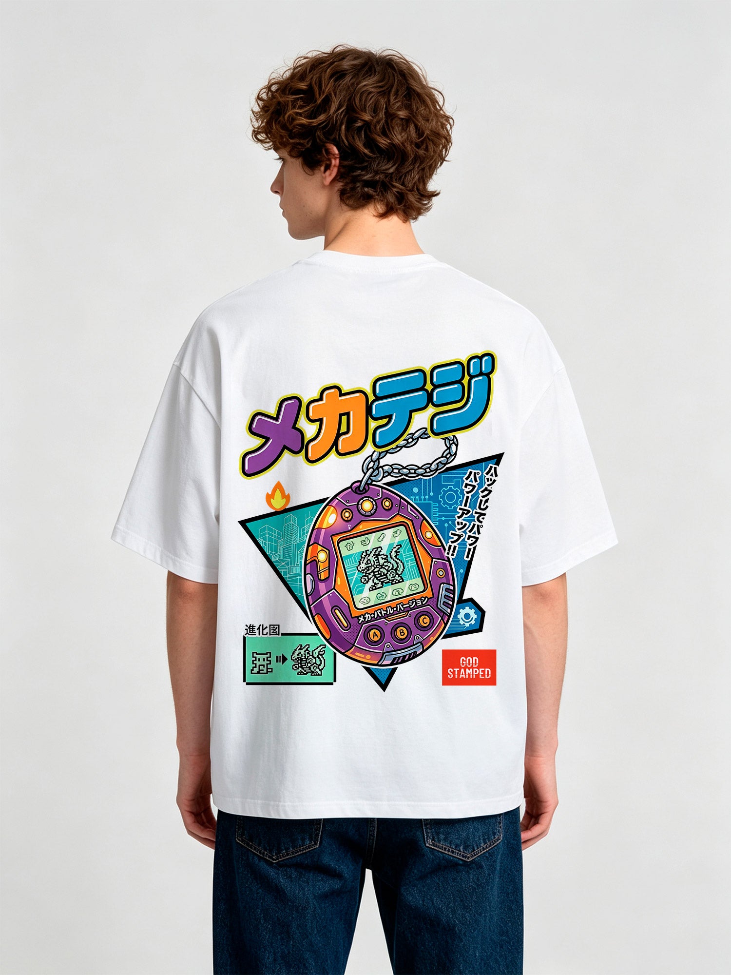 Retro Mecha Tamagotchi Dinosaur Japanese Text Back Print Cotton T-Shirt