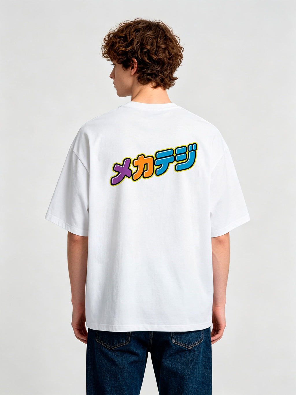 Vibrant Mecha Tegi Japanese Retro Graffiti Text Back Print White Cotton T-Shirt