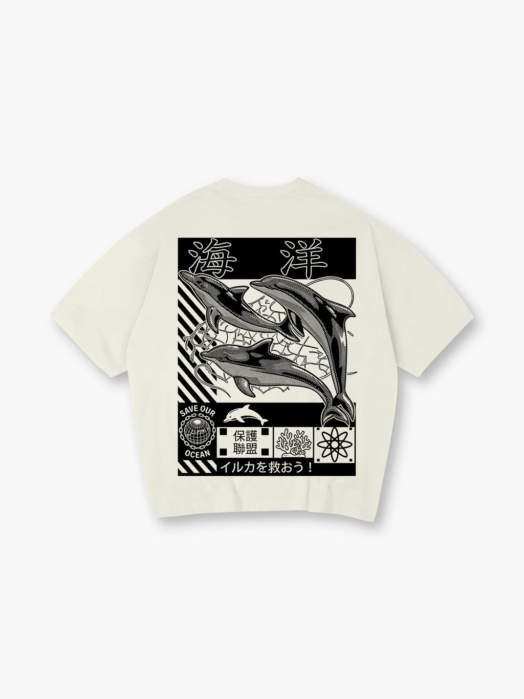 Black White Save Ocean Dolphin Japanese Kanji Back Print White Cotton T-Shirt