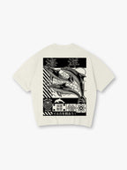 Black White Save Ocean Dolphin Japanese Kanji Back Print White Cotton T-Shirt