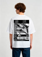 Black White Save Ocean Dolphin Japanese Kanji Back Print White Cotton T-Shirt