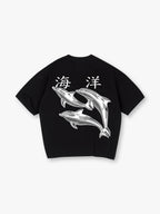 Vintage Ocean Dolphin Japanese Kanji Back Print Cream Cotton Casual T-Shirt